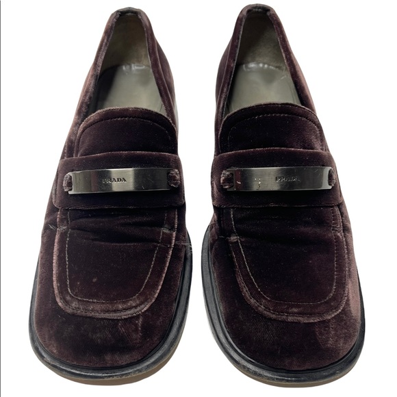Prada | Y2K 90’s Vintage Brown Velvet Square Toe Chunky Logo Loafers 35.5 - Picture 3 of 12